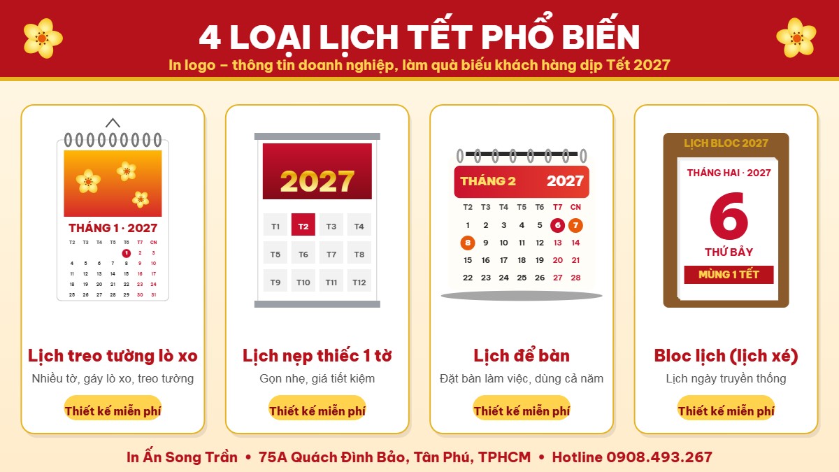 4 loại lịch Tết 2027 phổ biến: lịch treo tường, lịch nẹp thiếc, lịch để bàn, bloc lịch