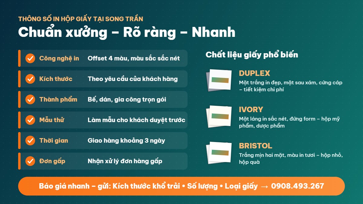 Thông số in hộp giấy và các loại giấy Duplex, Ivory, Bristol